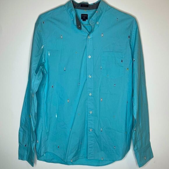 Large J Crew Teal LS Shirt with Buoys and Bobbers Small Print - Picture 3 of 4